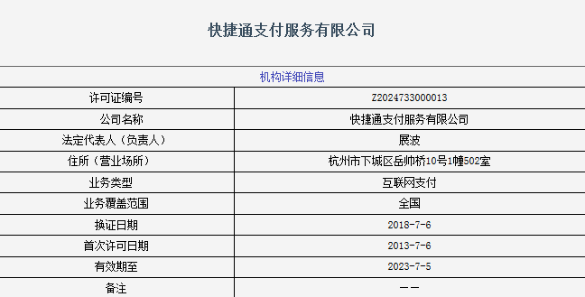 央行公示的快捷通支付牌照信息