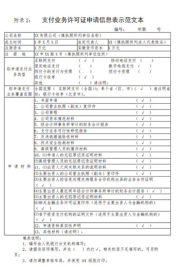 支付业务许可证申请信息表示范文本